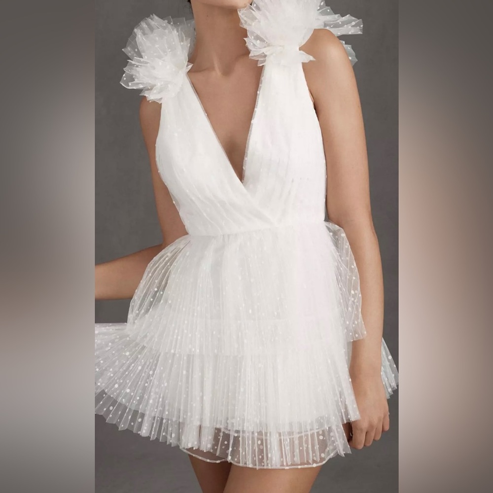 ML Monique Lhuillier Perrie Tiered Shoulder-Ruffle V-Neck Mini Dress Never Worn